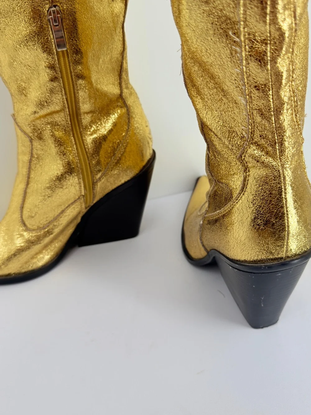 Gold Metallic Knee High Western Cowboy Boots Size 7 Pointed Toe
